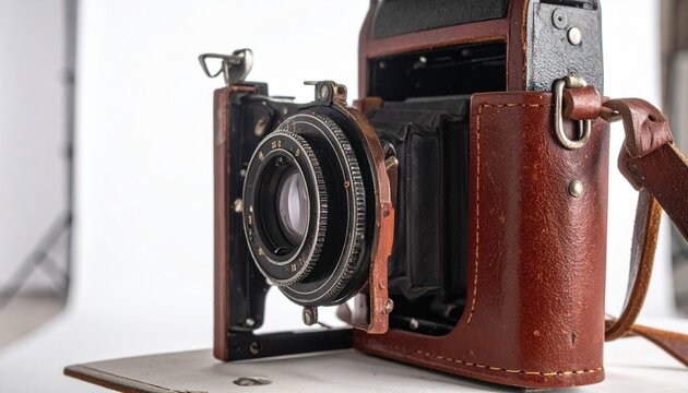 Vintage brown leatherette box camera with lens and leather handle close-up