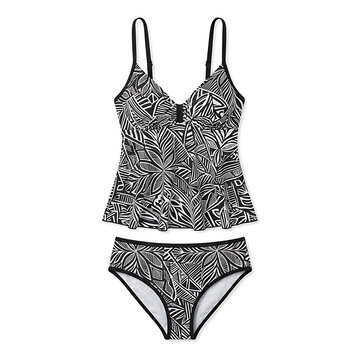 Black and white tropical leaf print twopiece swimsuit