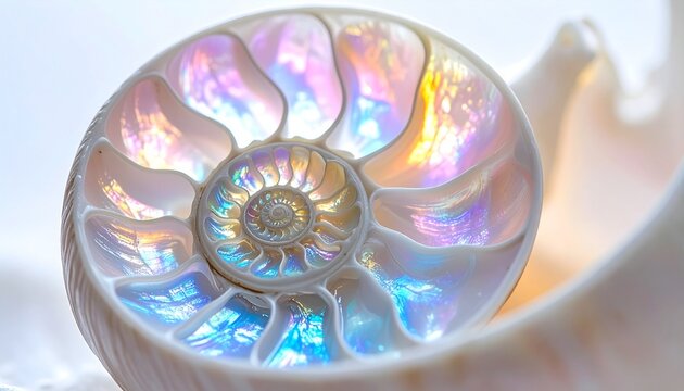 Iridescent nautilus shell cross-section with mother-of-pearl spiral chambers