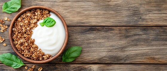 Fototapeta premium Rustic wooden table displays a healthy breakfast bowl filled with creamy yogurt and crunchy granola, garnished with fresh green basil leaves, reflecting a sustainable food concept.