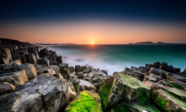 Scenic sunset over volcanic basalt columns on a rocky coastline with long exposure misty ocean waves