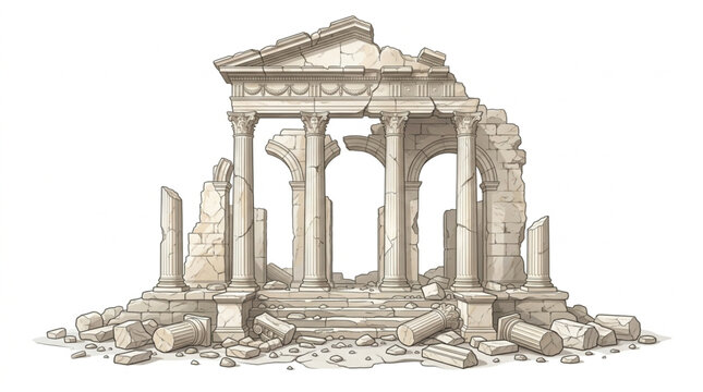 Ancient Roman Temple Ruins Architectural Illustration.