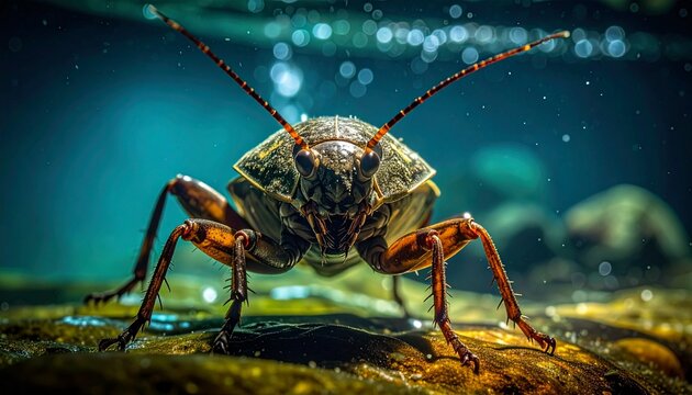 Close-up macro of giant water bug Belostoma with piercing beak underwater