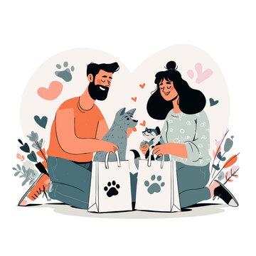 Couple adopting pets with shopping bags and hearts