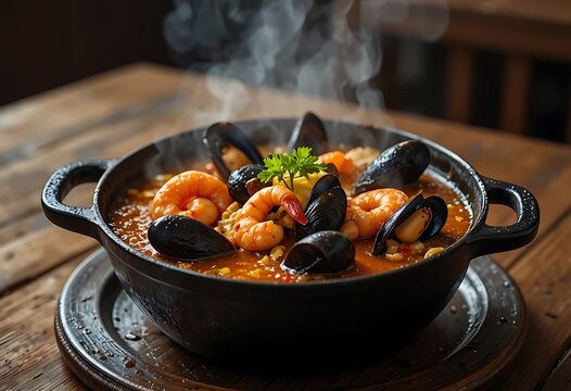 Steaming seafood paella in a black bowl on a wooden table. marmite