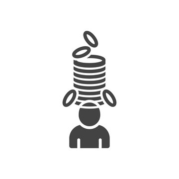 Person overwhelmed by falling coins on head.