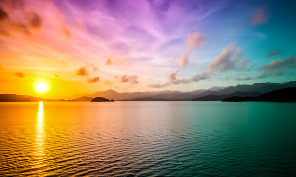 Vibrant sunset over calm lake water with purple and orange sky reflecting near distant mountains