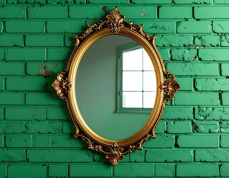 Vintage Gold Mirror Reflecting Window on Green Brick Wall