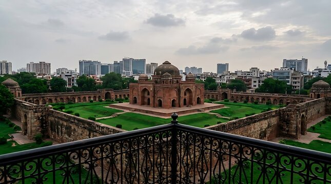 Historical tomb of adham khan in mehrauli, delhi, india, surrounded by lush green gardens and modern city skyline background