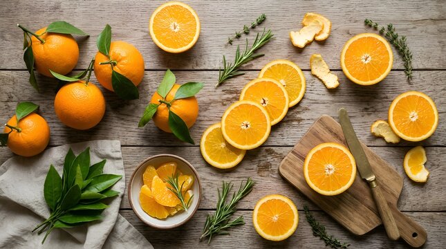 Fresh Oranges with Greenery on Wooden Surface