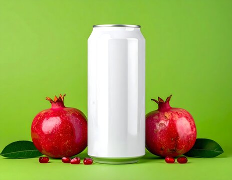 White Beverage Can Mockup with Pomegranates on Green Background