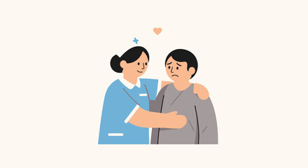 Fototapeta premium A compassionate nurse comforts a sad or worried patient, offering support and care