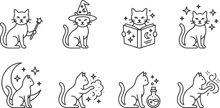 Magical wizard cats with wands potions and spell books