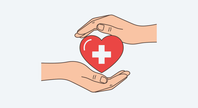 Symbolic illustration of human hands gently cradling a vibrant red heart with a prominent medical cross, embodying healthcare, compassion, and human well-being