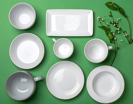 White Ceramic Dishware Collection on Green