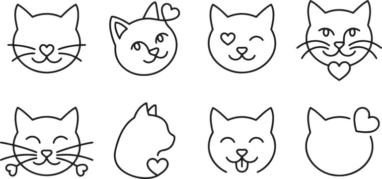 Cute kawaii cat faces with hearts and lovely expressions