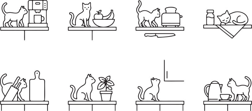 Kitchen cats sitting on counters and with cooking food