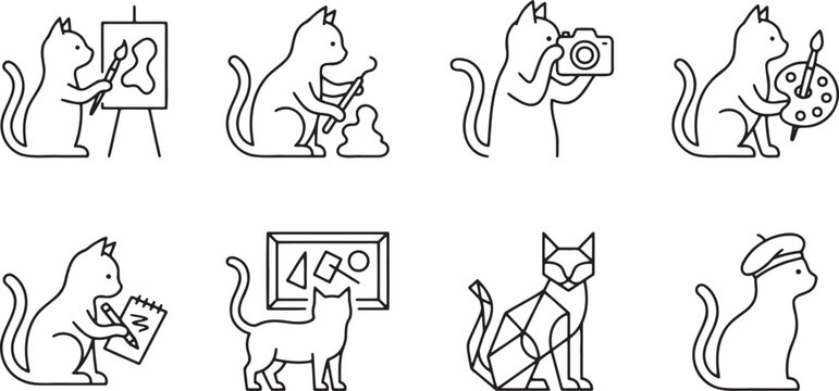 Artist cats with painting palettes cameras and creative tools
