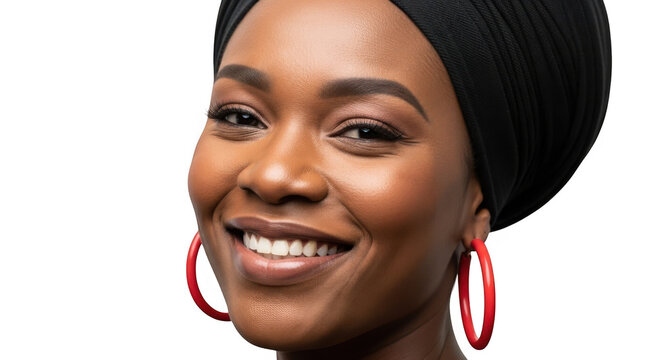 Woman wearing a black headscarf and red hoop earrings isolated on transparent background
