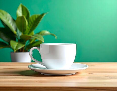 White Coffee Cup with Saucer on Wooden Table