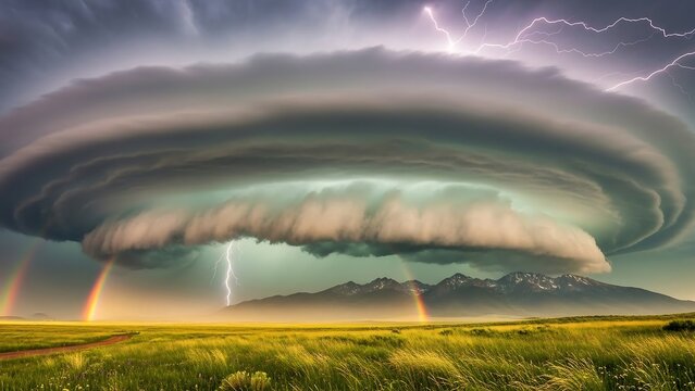 Dramatic supercell thunderstorm with rainbow.