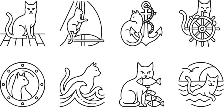 Nautical cats with anchors ship wheels and ocean waves