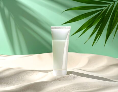 White Cosmetic Tube on Sand with Palm Shadow