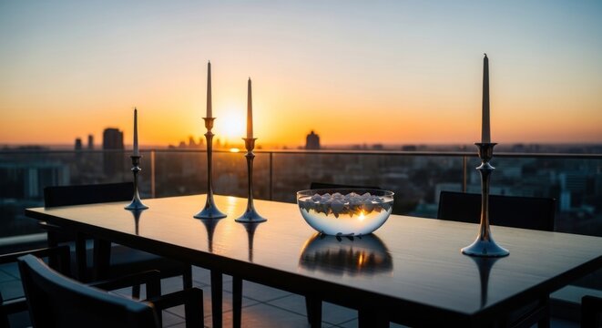 Rooftop dining table set for a romantic sunset dinner with city view.