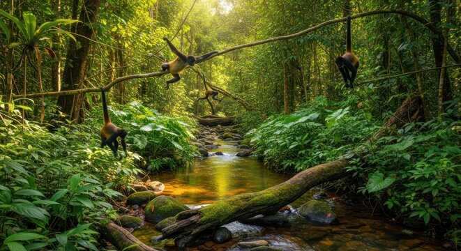 Spider monkeys swing through a lush, sun-dappled jungle with a stream.