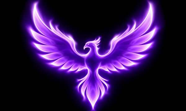 Majestic glowing purple phoenix rising with spread wings on a deep black background