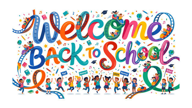 Welcome Back to School Carnival: A vibrant and joyful illustration depicting children riding roller coasters and celebrating their return to school with colorful banners and confetti.
