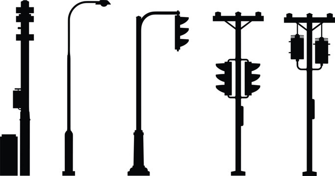 Collection of black silhouettes of utility poles street lights and traffic signals Keywords: utility pole, street light, traffic