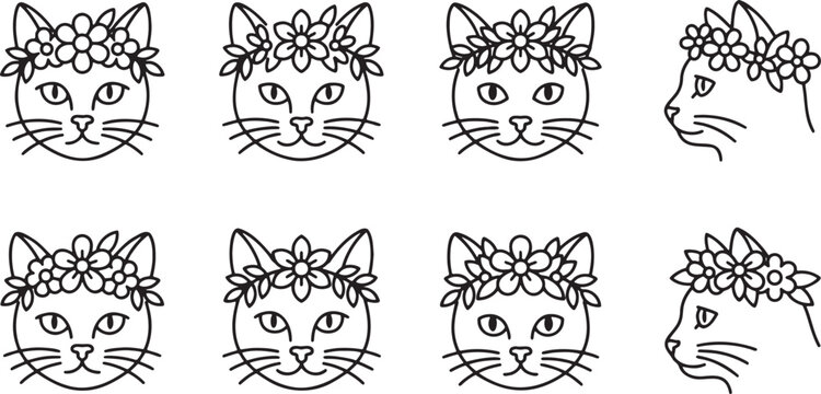 Beautiful cat faces wearing floral crowns in thin line style