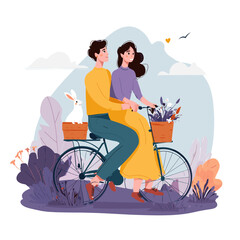 Fototapeta premium Couple riding bicycle with rabbit and flowers flat design