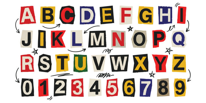 Alphabet and numbers set made from cut out magazine paper letters and digits for ransom note style design projects