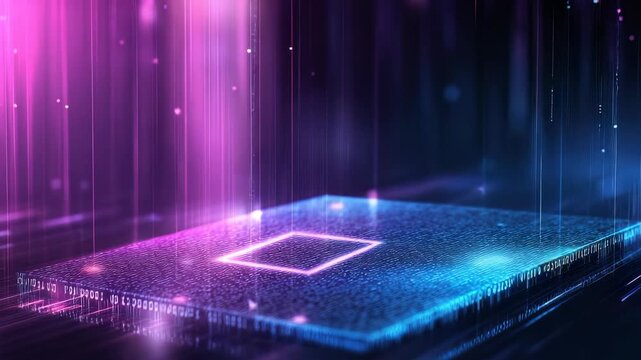 This shows the process of creating a digital microchip in a high-tech environment. Colorful light effects and patterns appear, highlighting different stages of the design