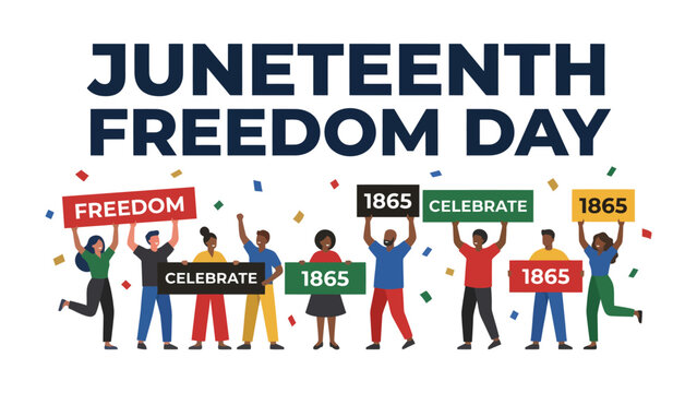 Juneteenth Freedom Day Celebration: A vibrant depiction of a diverse group celebrating Juneteenth, also known as Freedom Day, with signs proclaiming Freedom, Celebrate, and 1865.