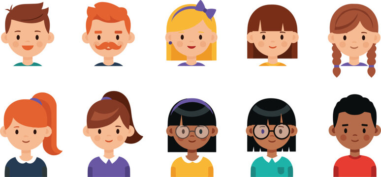 Flat cartoon portraits of diverse people with different hairstyles and accessories for profile avatars and social media design