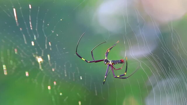 4K close up video of Golden orb-weaver spider (Nephila genus) spinning circular web pattern, showing silk weaving process in tropical natural habitat