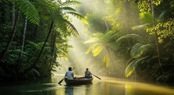 Canoeing Through a Tropical Rainforest River with Golden Sunlight
