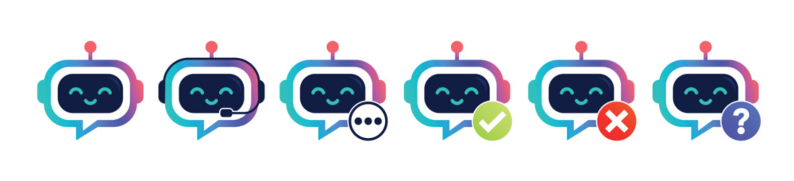 AI customer support chatbot icon set with friendly robot assistant, headset, chat, checkmark and help symbols for support apps and live chat services