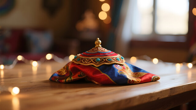 mongolian. Mongolian Naadam festival silk scarf ornament with fairy lights. representing cultural heritage and milestone achievements.