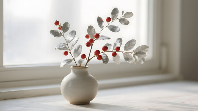 colorimetry. Silverberry branches with silvery leaves and red berries in a ceramic vase. gardening catalogs, home-decor guides, designed for home decor and floral branding, used by sports marketers.