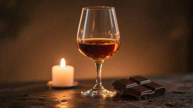 digestif. Amber liqueur in tulip glass, candlelight, dark chocolate beside it. bar promotions, beverage menus, designed for food & beverage menus and cafe branding, inspires menu design.