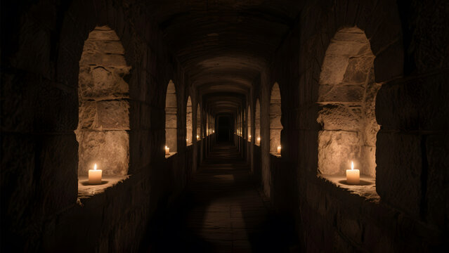 deferral. A narrow stone corridor with arched niches lit by flickering candles, deep perspective. real-estate listings.