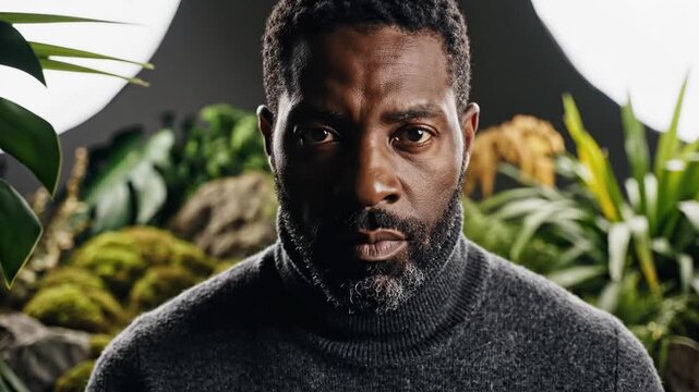 Man with beard wearing turtleneck in lush green foliage