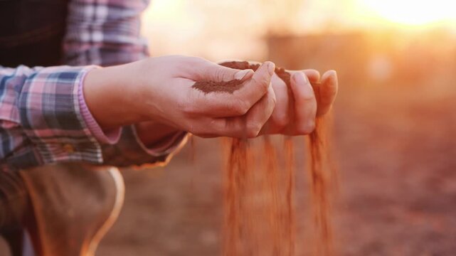 A close up view of farmer hands sifting dry soil in a field at sunset, cultivating the land with care and dedication, slow motion cinematic footage.