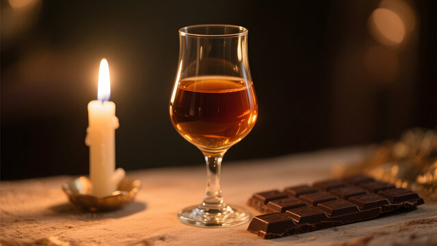 digestif. Amber liqueur in tulip glass, candlelight, dark chocolate beside it. bar promotions, beverage menus, designed for food & beverage menus and cafe branding, inspires menu design.