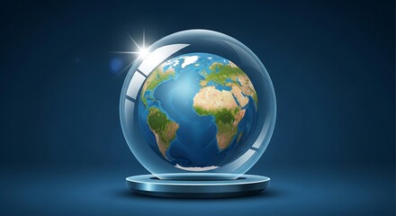 Fototapeta premium Earth Globe Encapsulated in a Transparent Glass Sphere on a Reflective Pedestal.