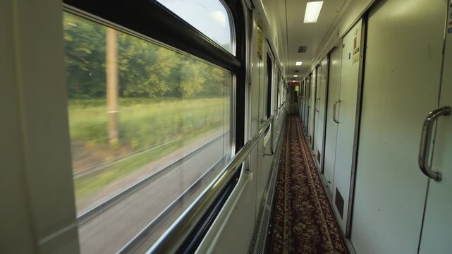 Inside moving train corridor with view of green landscape passing by on side.